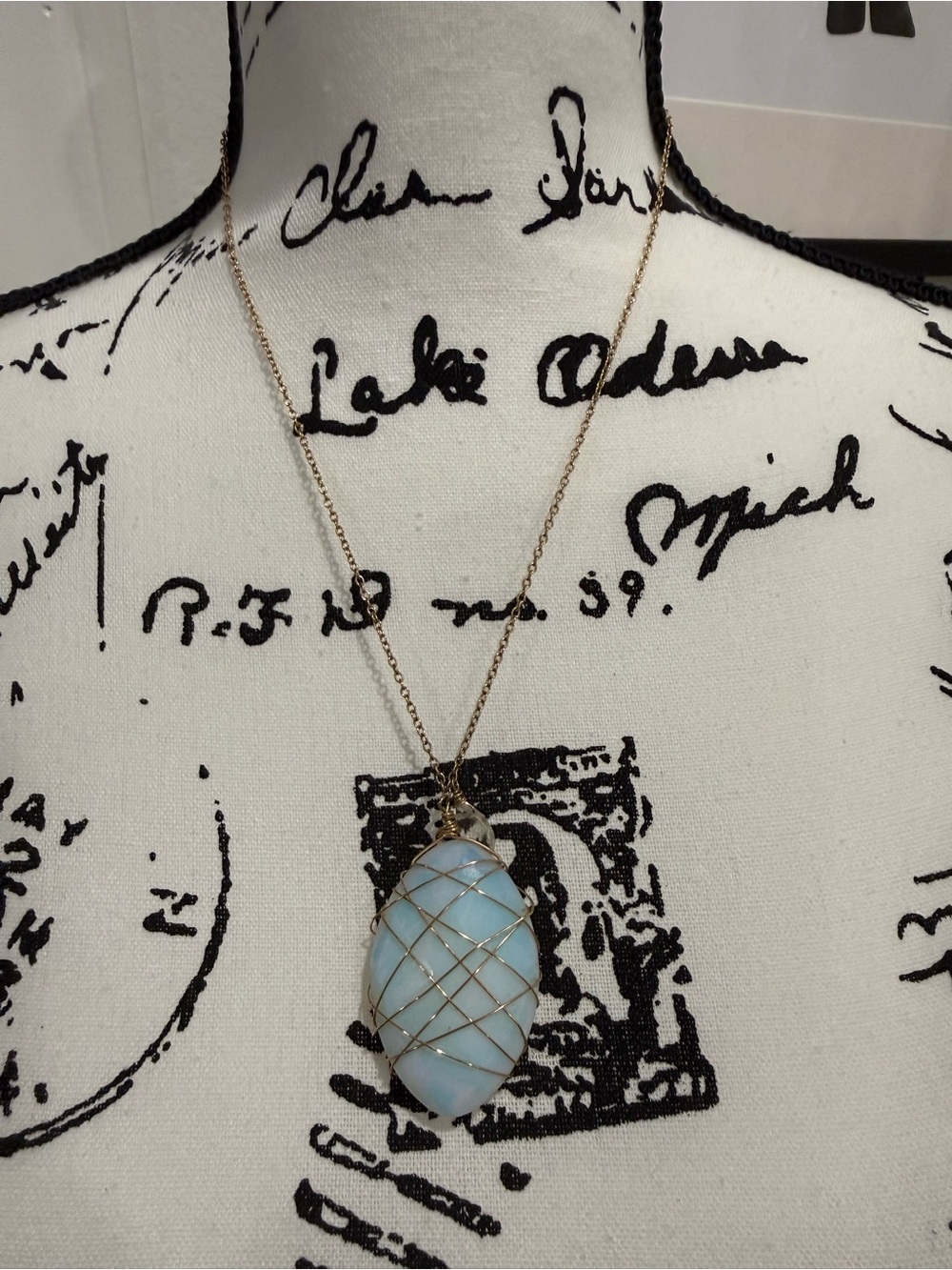 Gold Wire-Wrapped Blue Opal Pendant Necklace